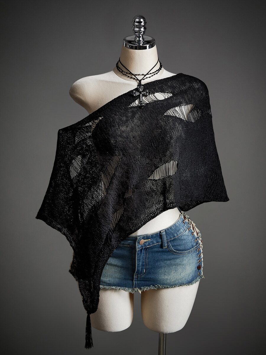 SHEIN ICON Women's Asymmetric Neck Distressed Casual Versatile Daily Wear Knit Top - Black - View 1
