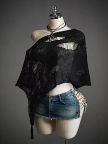 SHEIN ICON Women's Asymmetric Neck Distressed Casual Versatile Daily Wear Knit Top - Black - View 8
