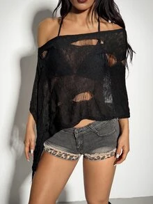 SHEIN ICON Women's Asymmetric Neck Distressed Casual Versatile Daily Wear Knit Top - Black - View 5