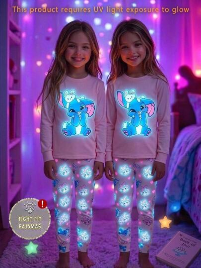 Tween Girl/Girls Fitted Casual Loungewear Cute Glow-In-The-Dark Cartoon Animal Print Slim Pajama Set (2 Pieces), Includes Long Sleeve Crew Neck Top And Pants, Soft And Comfortable Homewear, Suitable For 8-12 Years Old
