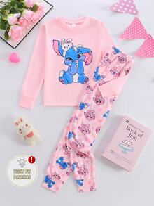 Tween女孩/女孩修身休閒居家服可愛螢光卡通動物印花修身睡衣套裝（2件組），包含長袖圓領上衣與長褲，柔軟舒適居家服，適合8-12歲 - 粉色 - 查看 12