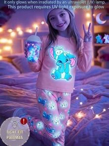 Tween女孩/女孩修身休閒居家服可愛螢光卡通動物印花修身睡衣套裝（2件組），包含長袖圓領上衣與長褲，柔軟舒適居家服，適合8-12歲 - 粉色 - 查看 5