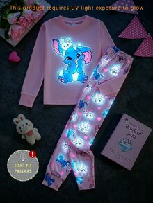Tween女孩/女孩修身休閒居家服可愛螢光卡通動物印花修身睡衣套裝（2件組），包含長袖圓領上衣與長褲，柔軟舒適居家服，適合8-12歲 - 粉色 - 查看 6