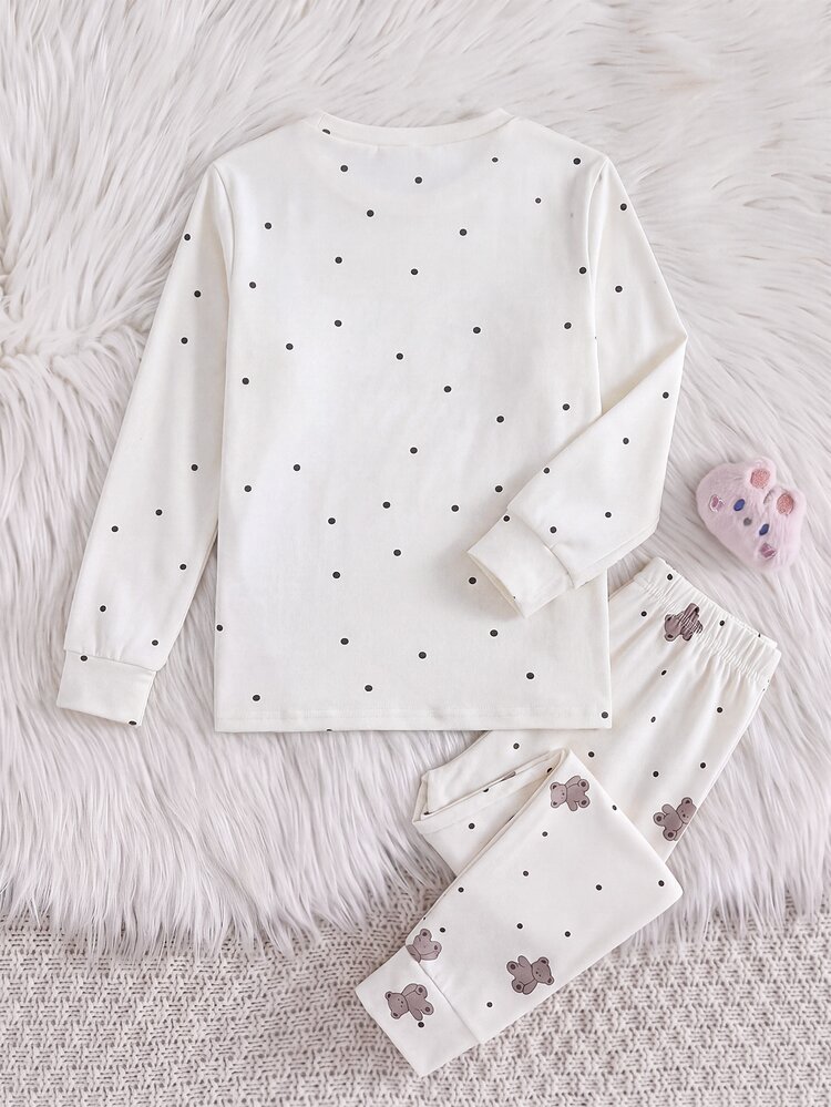 SHEIN Kids Tween Girl Autumn/Winter Casual Home Cartoon Bear & Polka Dot Print Long Sleeve Top And Pants Set, 2-Piece Loungewear Set, Cream White, Slim Fit, Random 2 Pieces - White - View 2