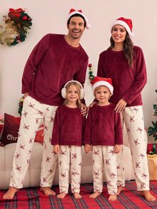SHEIN Set Piyama Anak Perempuan Motif Kotak-kotak Sederhana dengan Pita, Atasan Bahu Longgar dan Celana Panjang (2pcs) - Nyaman dan Longgar, Cocok untuk Dipakai di Musim Gugur/Musim Dingin - Merah - View 8