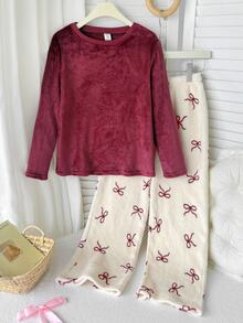 SHEIN Set Piyama Anak Perempuan Motif Kotak-kotak Sederhana dengan Pita, Atasan Bahu Longgar dan Celana Panjang (2pcs) - Nyaman dan Longgar, Cocok untuk Dipakai di Musim Gugur/Musim Dingin - Merah - View 6