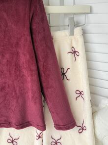 SHEIN Set Piyama Anak Perempuan Motif Kotak-kotak Sederhana dengan Pita, Atasan Bahu Longgar dan Celana Panjang (2pcs) - Nyaman dan Longgar, Cocok untuk Dipakai di Musim Gugur/Musim Dingin - Merah - View 5