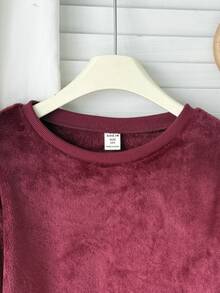 SHEIN Set Piyama Anak Perempuan Motif Kotak-kotak Sederhana dengan Pita, Atasan Bahu Longgar dan Celana Panjang (2pcs) - Nyaman dan Longgar, Cocok untuk Dipakai di Musim Gugur/Musim Dingin - Merah - View 4