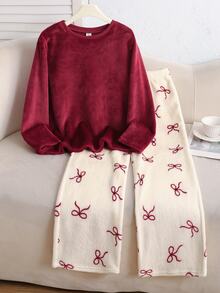 SHEIN Set Piyama Anak Perempuan Motif Kotak-kotak Sederhana dengan Pita, Atasan Bahu Longgar dan Celana Panjang (2pcs) - Nyaman dan Longgar, Cocok untuk Dipakai di Musim Gugur/Musim Dingin - Merah - View 9