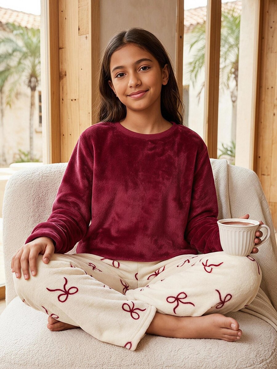 SHEIN Girls' Simple Plaid Bow Kids Decor Drop Shoulder Top & Long Pants Pajama Set (2pcs) - Comfortable Loose Fit, Suitable For Fall/Winter Wear - Red - View 1