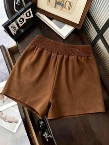 SHEIN Franclia Rok celana pendek model A-line berbahan suede lembut dan serbaguna bergaya vintage baru untuk wanita. - Khaki - View 2