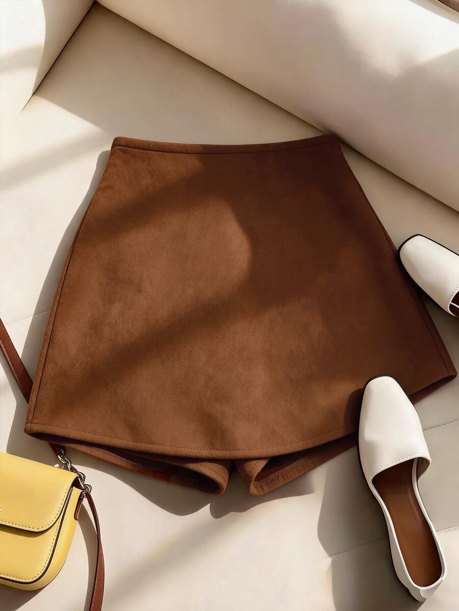 SHEIN Franclia Rok celana pendek model A-line berbahan suede lembut dan serbaguna bergaya vintage baru untuk wanita. - Khaki - View 1