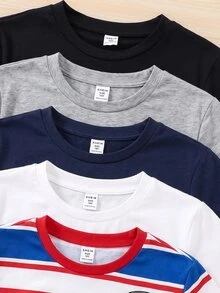 SHEIN 5件組買2送3兒童青少年男孩休閒簡約圓領基本款長袖T恤套裝，麻灰色T恤、黑色T恤、白色T恤、條紋T恤，適合秋冬、學校、返校、運動、秋季穿搭、冬季穿搭 - 彩色 - 查看 4
