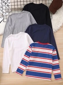 SHEIN 5件組買2送3兒童青少年男孩休閒簡約圓領基本款長袖T恤套裝，麻灰色T恤、黑色T恤、白色T恤、條紋T恤，適合秋冬、學校、返校、運動、秋季穿搭、冬季穿搭 - 彩色 - 查看 3