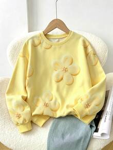 SHEIN Sparklyn Tween Girls Fleece-Lined Sweatshirt Hoodie Sweatshirt,Keep Warm,Knit, Loose, Floral,Autumn/Winter Outfit,Cute,Back To School, Y2k Tops - Multicolor - View 3