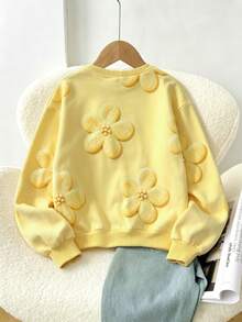 SHEIN Sparklyn Tween Girls Fleece-Lined Sweatshirt Hoodie Sweatshirt,Keep Warm,Knit, Loose, Floral,Autumn/Winter Outfit,Cute,Back To School, Y2k Tops - Multicolor - View 4