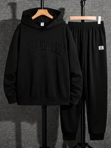 SHEIN 青少年男孩拼色寬鬆長袖連帽衫套裝，冬季，街頭風，畢業，返校 - 黑色 - 查看 6