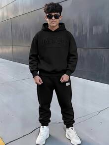 SHEIN 青少年男孩拼色寬鬆長袖連帽衫套裝，冬季，街頭風，畢業，返校 - 黑色 - 查看 7