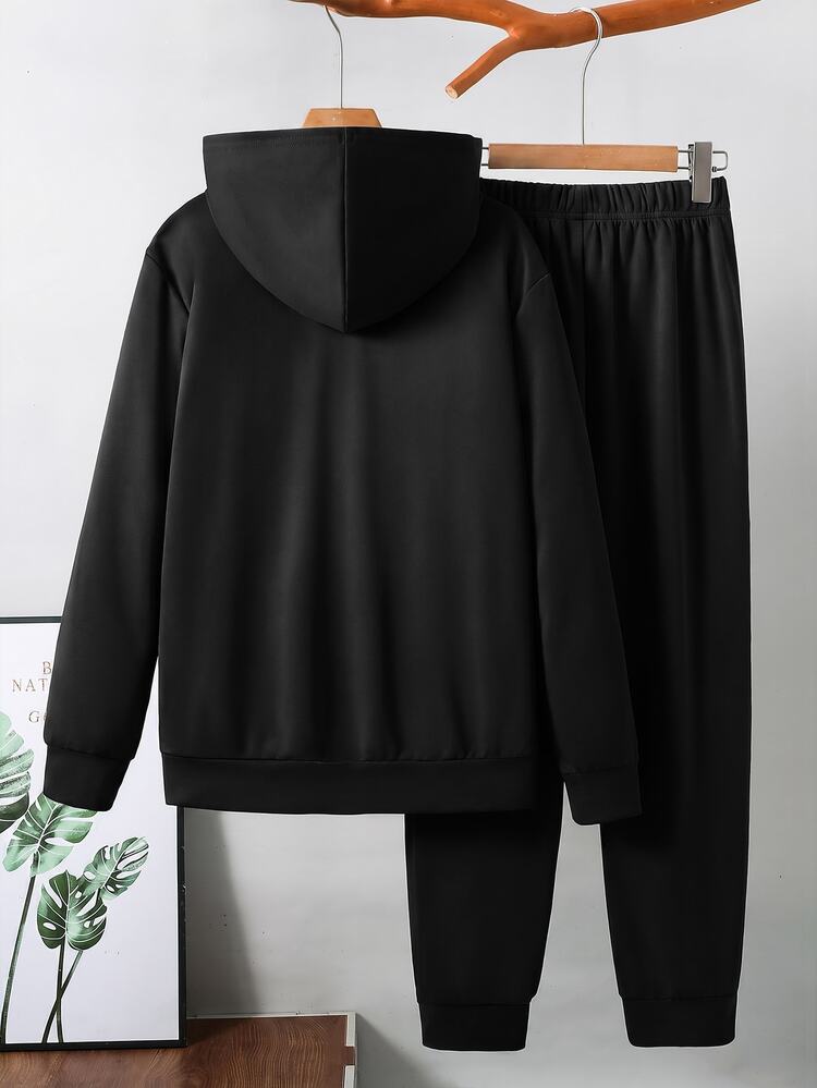 SHEIN Teen Boy Color Blocking Loose Long Sleeve Hoodie Set,Winter,Streetwear,Graduation,Back-To-School - Black - View 2