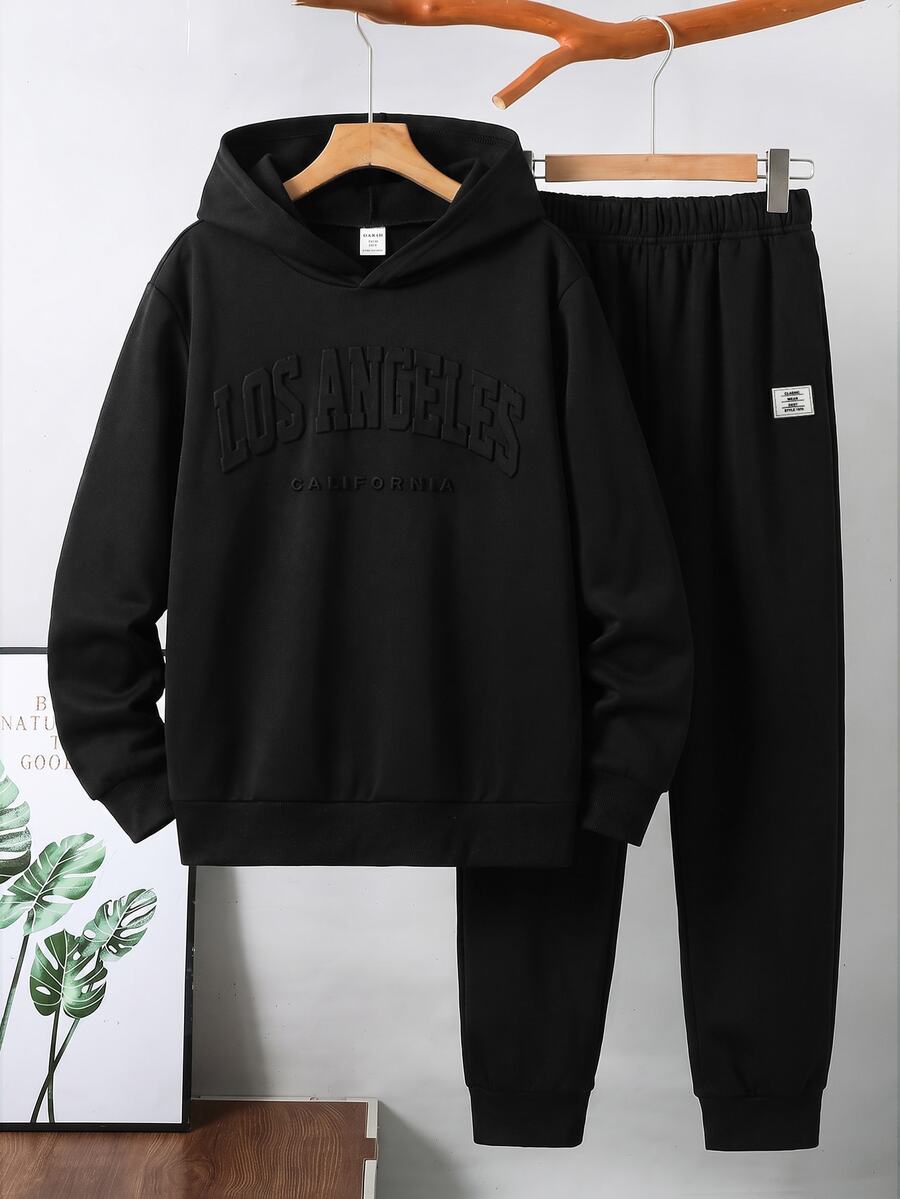 SHEIN 青少年男孩拼色寬鬆長袖連帽衫套裝,冬季,街頭風,畢業,返校 - 黑色 - 查看 1