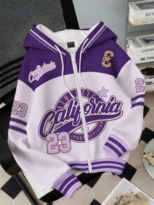 SHEIN EZwear 女款休閒街頭風寬鬆連帽衛衣，拼色設計，適合秋冬，寬鬆連帽開襟衛衣 - 彩色 - 查看 1