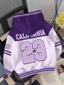 SHEIN EZwear 女款休閒街頭風寬鬆連帽衛衣，拼色設計，適合秋冬，寬鬆連帽開襟衛衣 - 彩色 - 查看 2