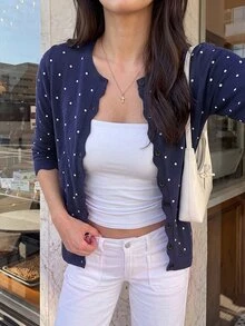 Serisse 女款休閒波點印花開襟衫，春季/秋季 - 藏蓝色 - 查看 7