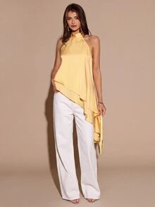 SHEIN BAE Autumn/Winter Solid Yellow Cream Satin Women's Double Layer Ruffle Hem Halter Neck Top - Pale Yellow - View 10