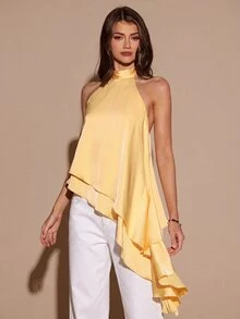 SHEIN BAE Autumn/Winter Solid Yellow Cream Satin Women's Double Layer Ruffle Hem Halter Neck Top - Pale Yellow - View 11
