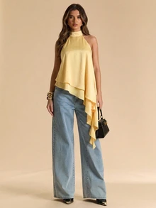 SHEIN BAE Autumn/Winter Solid Yellow Cream Satin Women's Double Layer Ruffle Hem Halter Neck Top - Pale Yellow - View 4