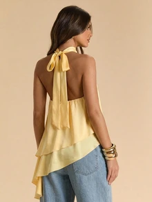 SHEIN BAE Autumn/Winter Solid Yellow Cream Satin Women's Double Layer Ruffle Hem Halter Neck Top - Pale Yellow - View 2