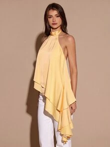 SHEIN BAE Autumn/Winter Solid Yellow Cream Satin Women's Double Layer Ruffle Hem Halter Neck Top - Pale Yellow - View 7