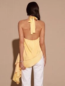 SHEIN BAE Autumn/Winter Solid Yellow Cream Satin Women's Double Layer Ruffle Hem Halter Neck Top - Pale Yellow - View 9