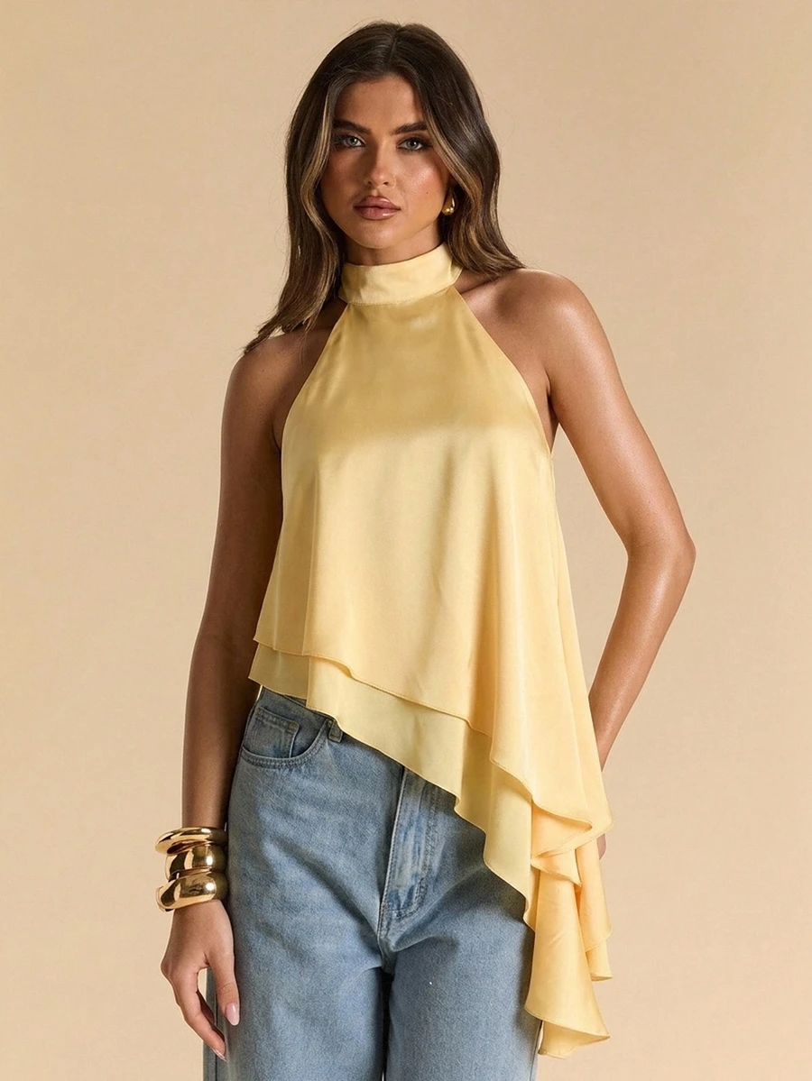 SHEIN BAE Autumn/Winter Solid Yellow Cream Satin Women's Double Layer Ruffle Hem Halter Neck Top - Pale Yellow - View 1