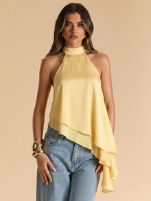 SHEIN BAE Autumn/Winter Solid Yellow Cream Satin Women's Double Layer Ruffle Hem Halter Neck Top - Pale Yellow - View 3