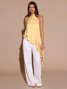 SHEIN BAE Autumn/Winter Solid Yellow Cream Satin Women's Double Layer Ruffle Hem Halter Neck Top - Pale Yellow - View 8