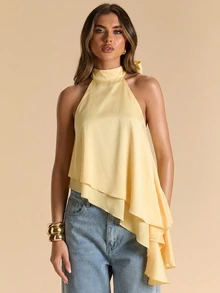 SHEIN BAE Autumn/Winter Solid Yellow Cream Satin Women's Double Layer Ruffle Hem Halter Neck Top - Pale Yellow - View 6