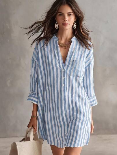 Glimmora Gaun Kemeja Pendek Wanita Model Longgar Bergaris Biru & Putih, Bahan Linen, Gaya Liburan Kasual, Model Slimming