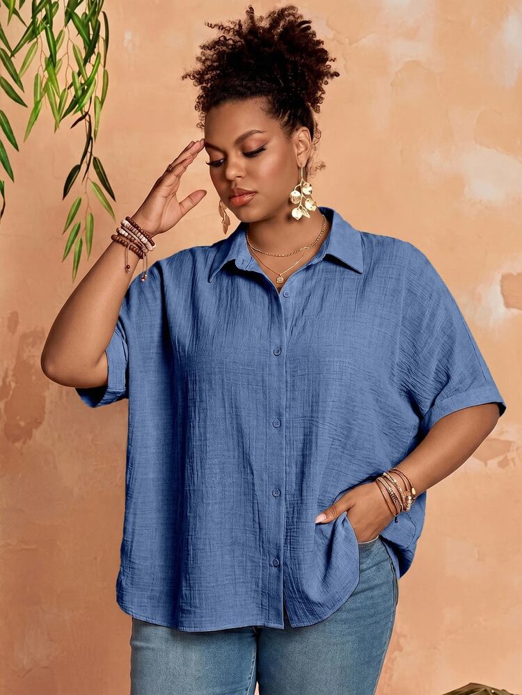 BrightlyHer Plus Size Women's Solid Color Batwing Sleeve Loose Single-Breasted Casual Shirt, Vacation Woman, Summer Fall - Dusty Blue - View 1