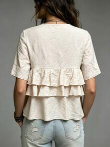 SHEIN 女款休閒度假風紋理多層荷葉邊下擺襯衫 - 杏色 - 查看 4
