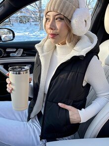SHEIN 青少年女孩純色前拉鍊抓絨內裡連帽背心 秋季外套 職業日校服 黑白寬鬆酷女孩風 - 黑色 - 查看 8