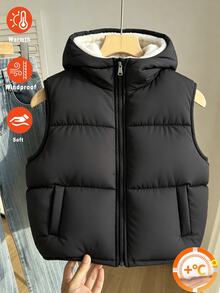 SHEIN 青少年女孩純色前拉鍊抓絨內裡連帽背心 秋季外套 職業日校服 黑白寬鬆酷女孩風 - 黑色 - 查看 4