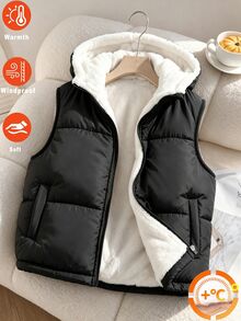 SHEIN 青少年女孩純色前拉鍊抓絨內裡連帽背心 秋季外套 職業日校服 黑白寬鬆酷女孩風 - 黑色 - 查看 1