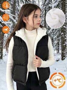 SHEIN 青少年女孩純色前拉鍊抓絨內裡連帽背心 秋季外套 職業日校服 黑白寬鬆酷女孩風 - 黑色 - 查看 3
