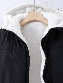 SHEIN 青少年女孩純色前拉鍊抓絨內裡連帽背心 秋季外套 職業日校服 黑白寬鬆酷女孩風 - 黑色 - 查看 7