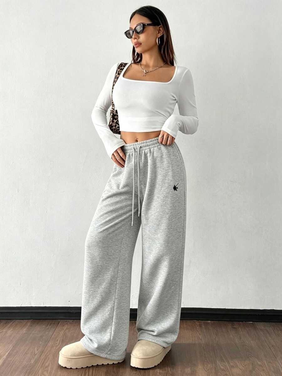 SHEIN LUNE Women's Autumn New Light Gray Horse Embroidery Sweatpants Elastic Waist Drawstring Draped Wide Leg Flared Loose Casual Baggy Floor-Length Pants Gym - Grey - View 1