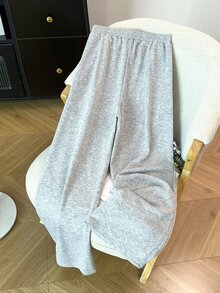 SHEIN LUNE Women's Autumn New Light Gray Horse Embroidery Sweatpants Elastic Waist Drawstring Draped Wide Leg Flared Loose Casual Baggy Floor-Length Pants Gym - Grey - View 2