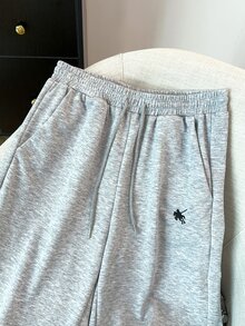 SHEIN LUNE Women's Autumn New Light Gray Horse Embroidery Sweatpants Elastic Waist Drawstring Draped Wide Leg Flared Loose Casual Baggy Floor-Length Pants Gym - Grey - View 8