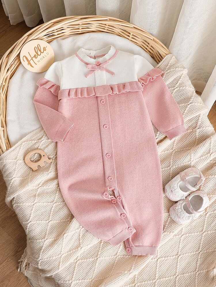 Baby Girl Pink Solid Color Long Sleeve Long Pants Knit Romper Jumpsuit Bodysuit Suitable For Spring Autumn Winter Wear With Jeans Jacket Cotton Coat - Pink - View 4