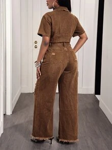 Slaydiva Women's Casual Wide Leg Short Sleeve Shirt Denim Jumpsuit With Frayed Pocket Design - Brown - View 2